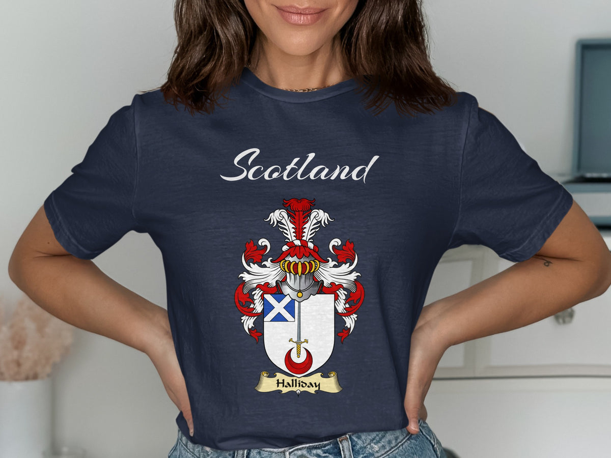 Halliday Scottish family shield design on Navy T-shirt