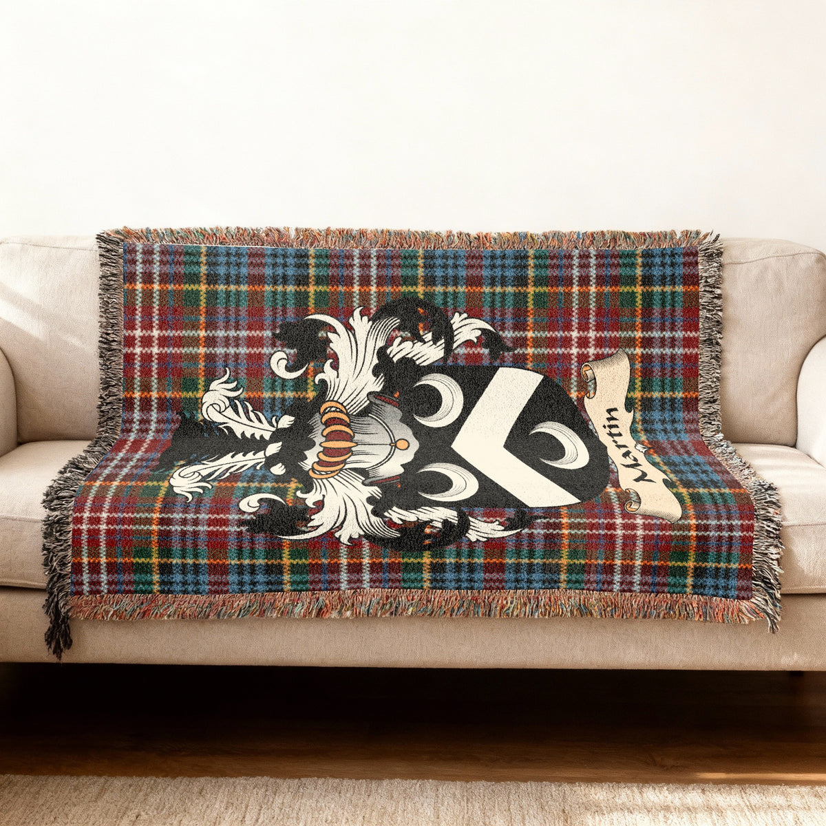 Martin Scottish woven blanket with family shield and Caledonia tartan background