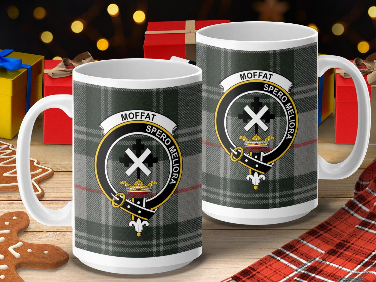 Moffat Clan Crest Spero Meliora Plaid Pattern Mug - Living Stone Gifts