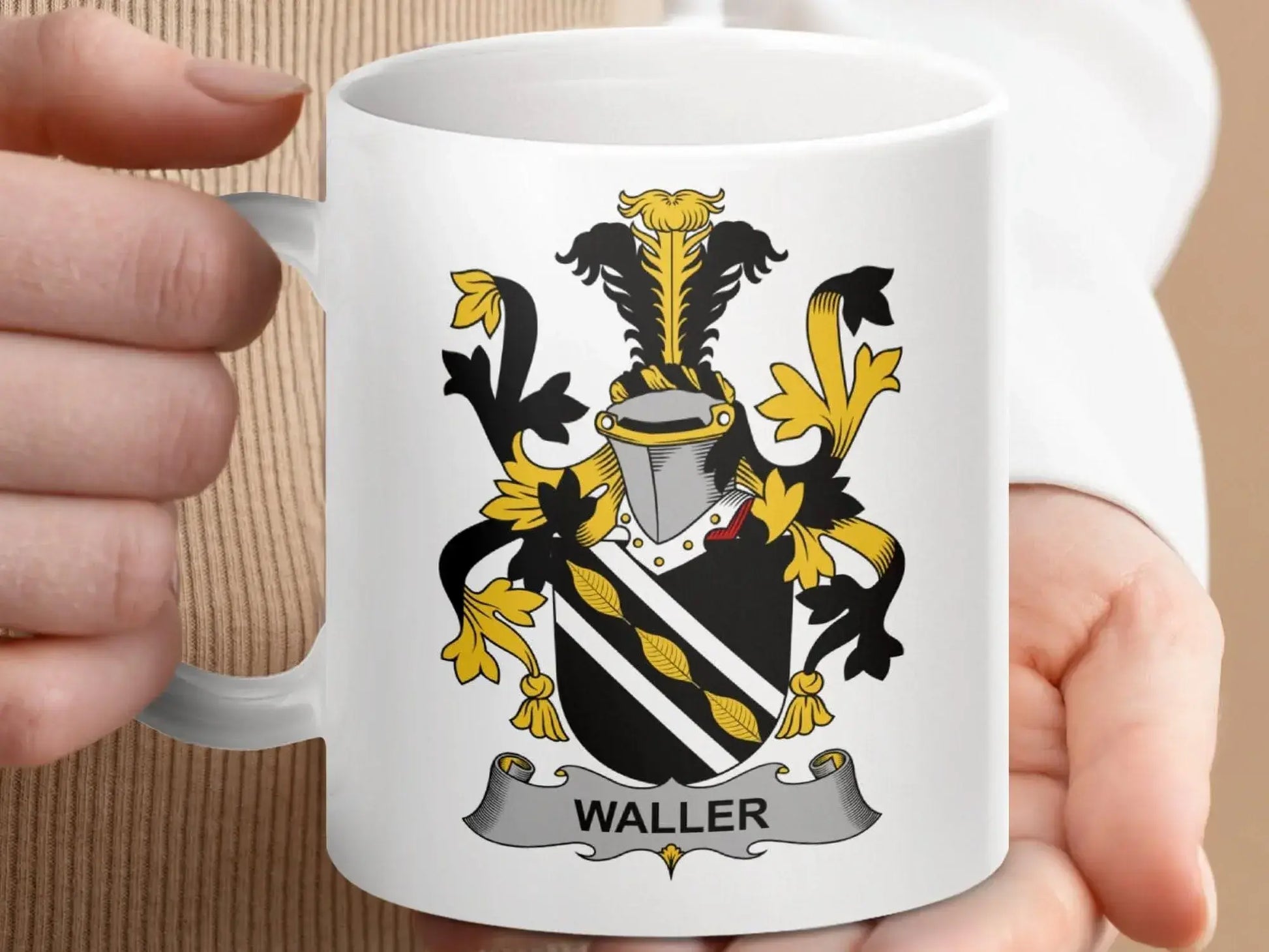 Waller Surname Family Crest Coat Of Arms Mug - Celtic Ancestry Gifts