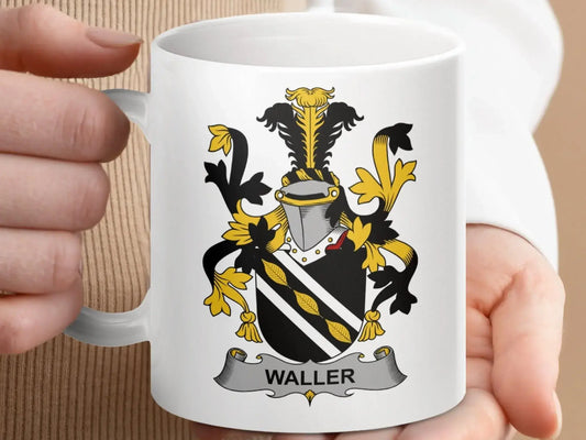 Waller Surname Family Crest Coat Of Arms Mug - Celtic Ancestry Gifts