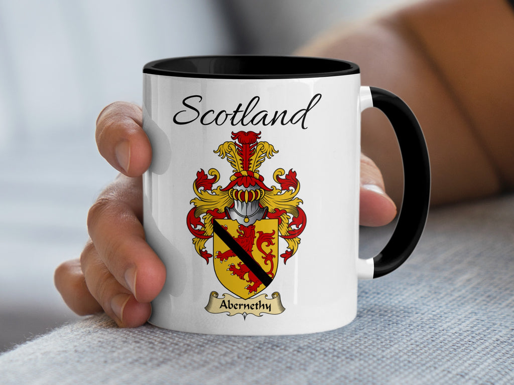 Abernethy Scottish family crest accent mug with Scotland above the coat of arms design