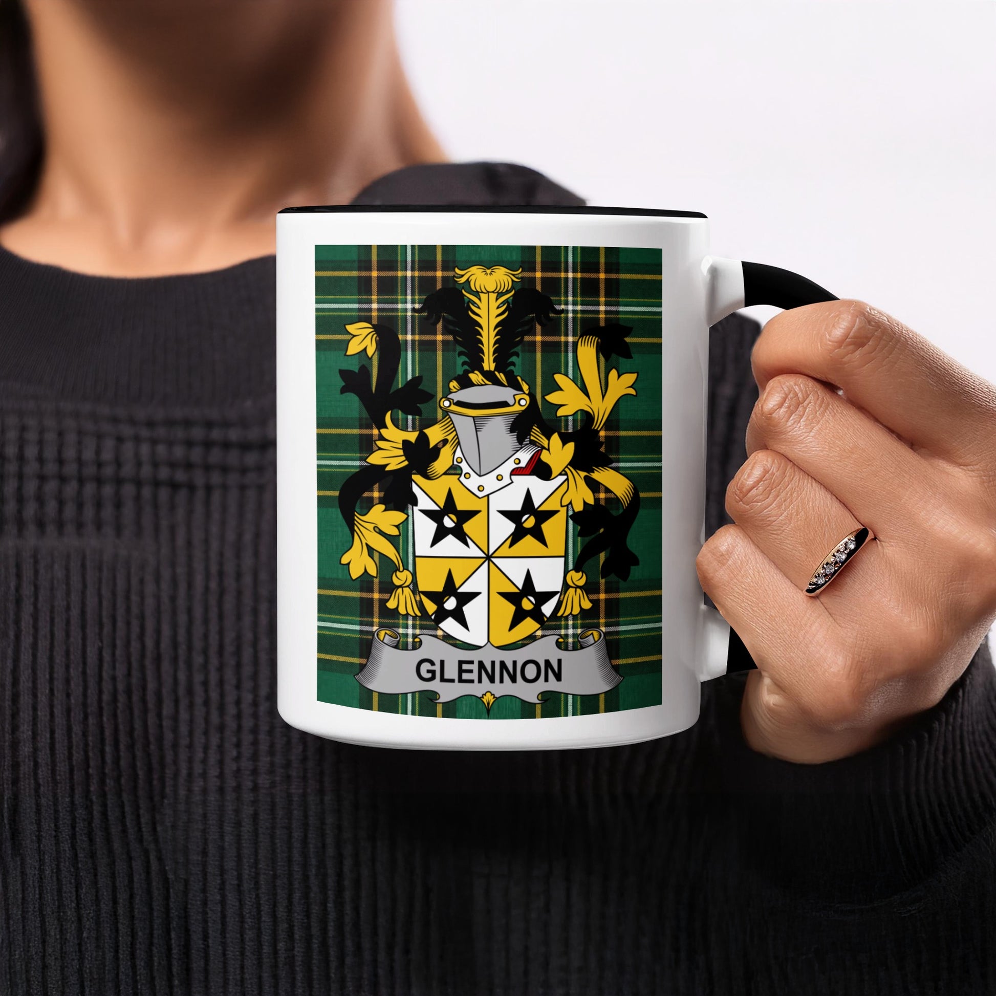 Mug featuring the Glennon family crest on a tartan background.