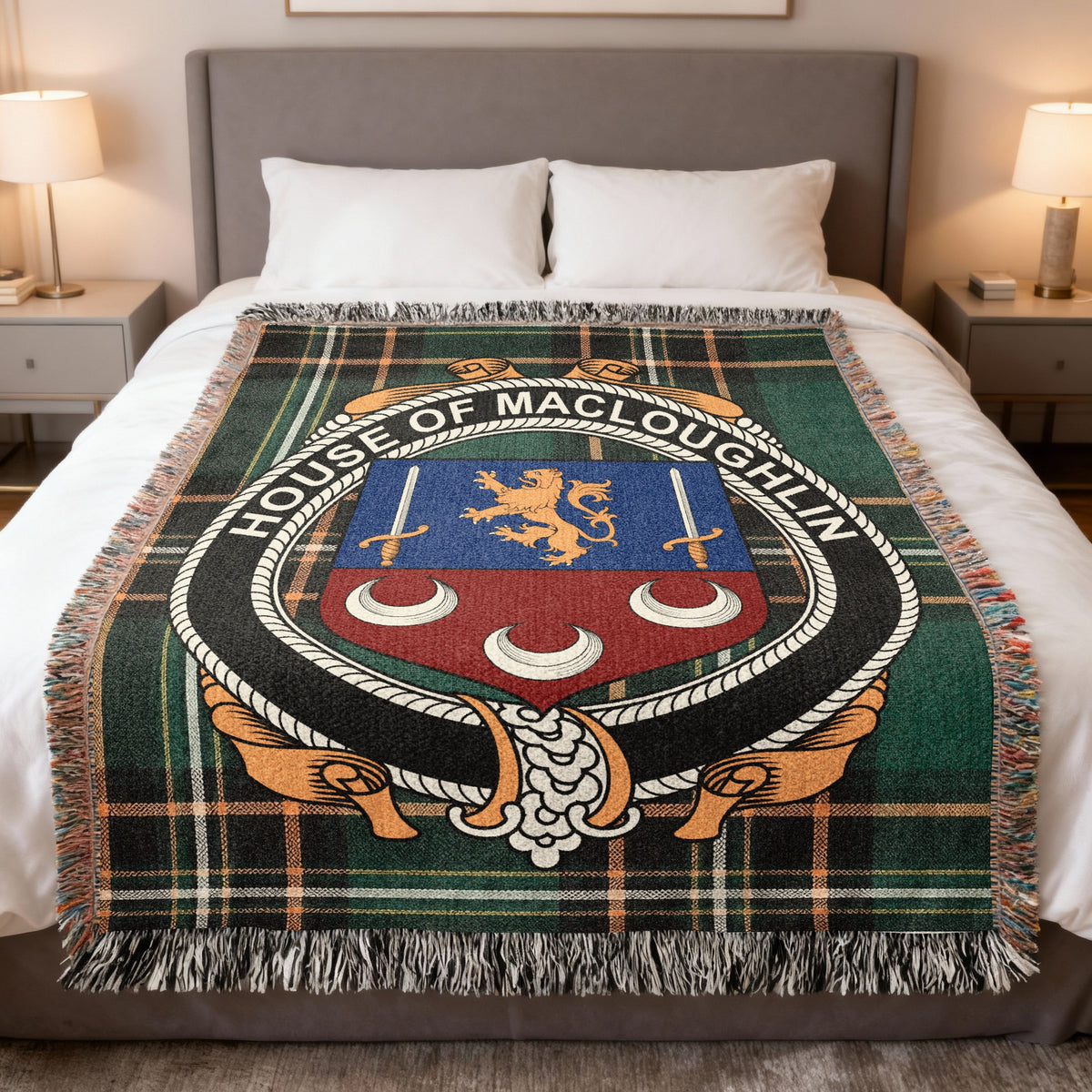 MacLoughlin Irish National Tartan woven blanket with family crest emblem