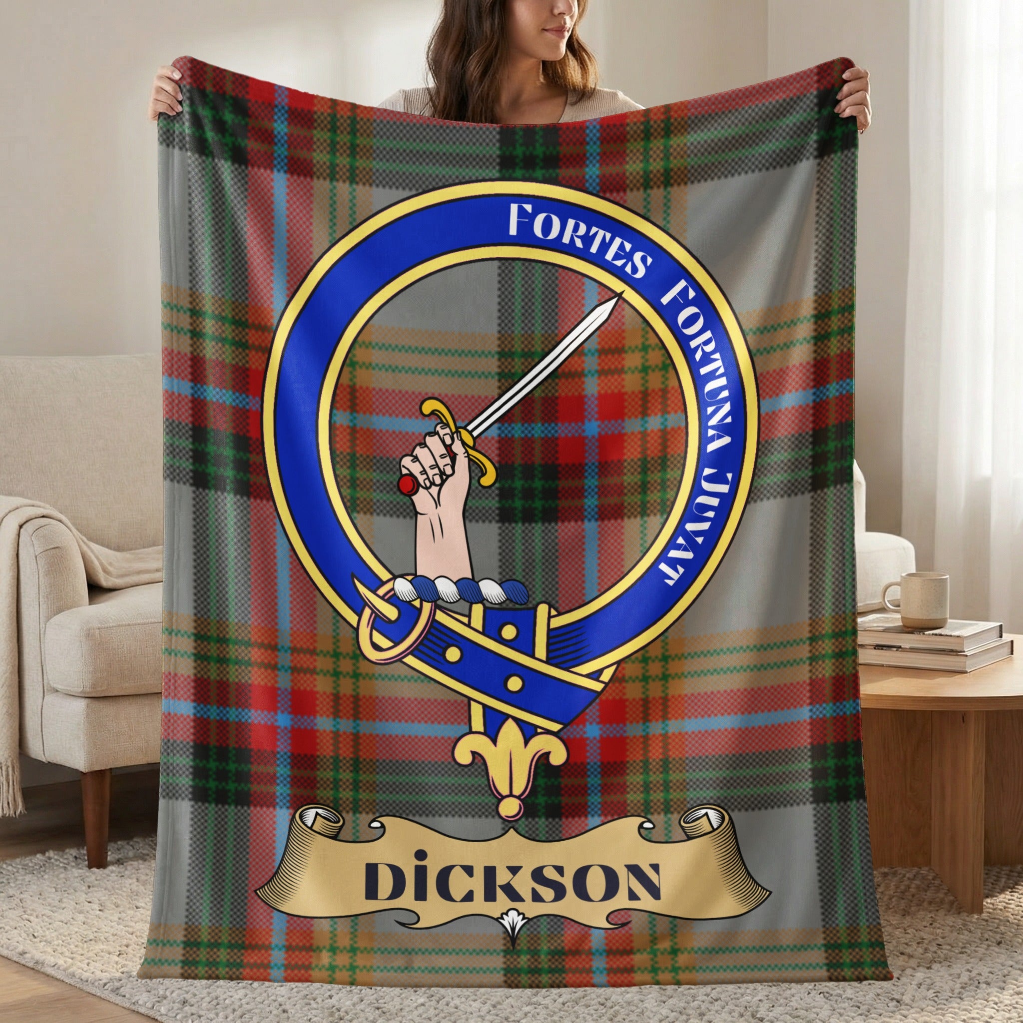 Dickson clan crest tartan throw blanket with Fortes Fortuna Juvat motto — 50x60
