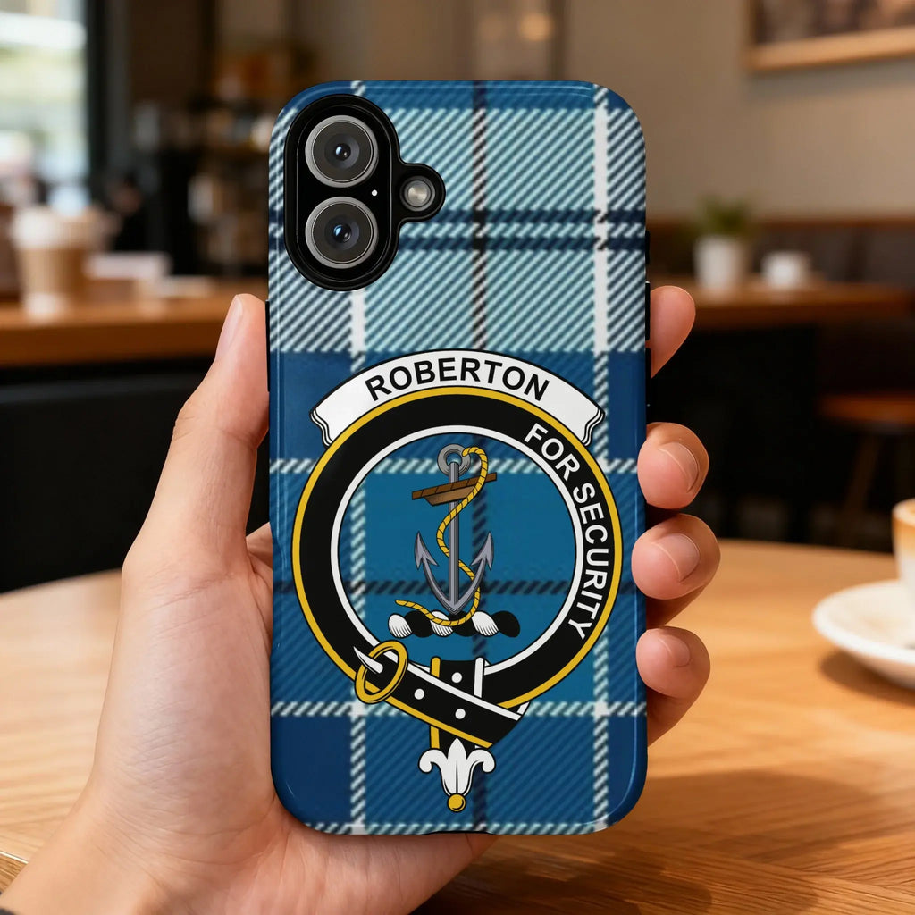 Clan Robertson tartan phone case — glossy blue plaid crest design, iPhone shown