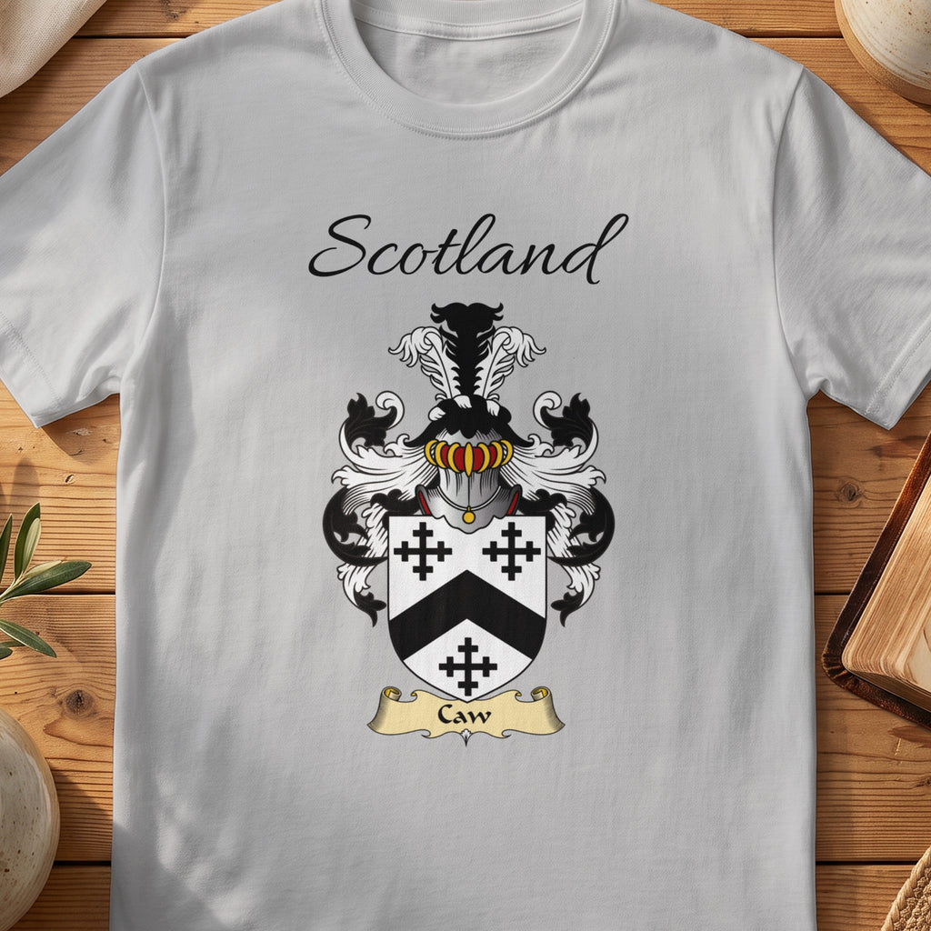 Sport Grey Caw Scottish family shield T-shirt featuring a black chevron between black crosses