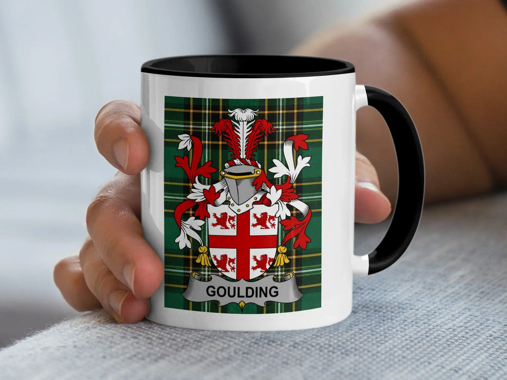 White mug with black rim featuring a family crest with "Goulding" below.