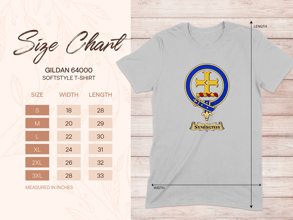 Gildan 64000 size chart for Symington Scottish clan crest T-shirt