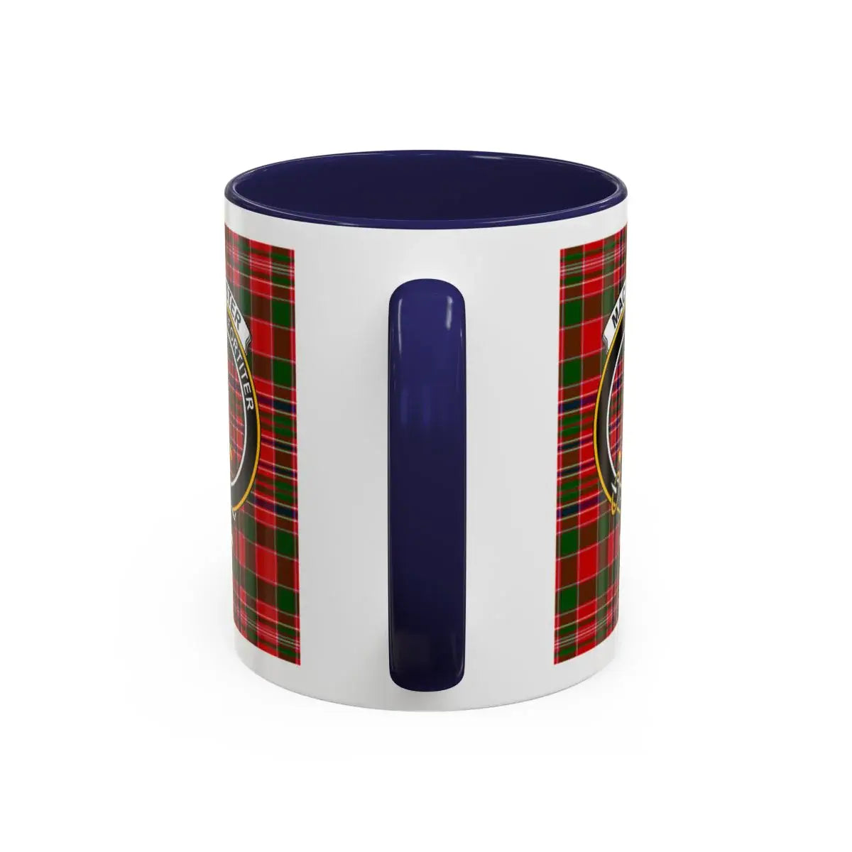 MacAlister clan crest plaid design mug with blue handle — 11oz ceramic, Fortiter motto