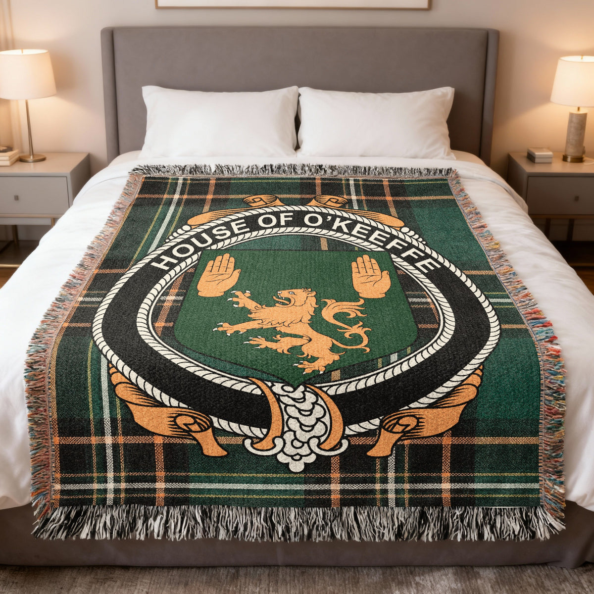 O'Keeffe Irish National Tartan woven blanket with family crest emblem