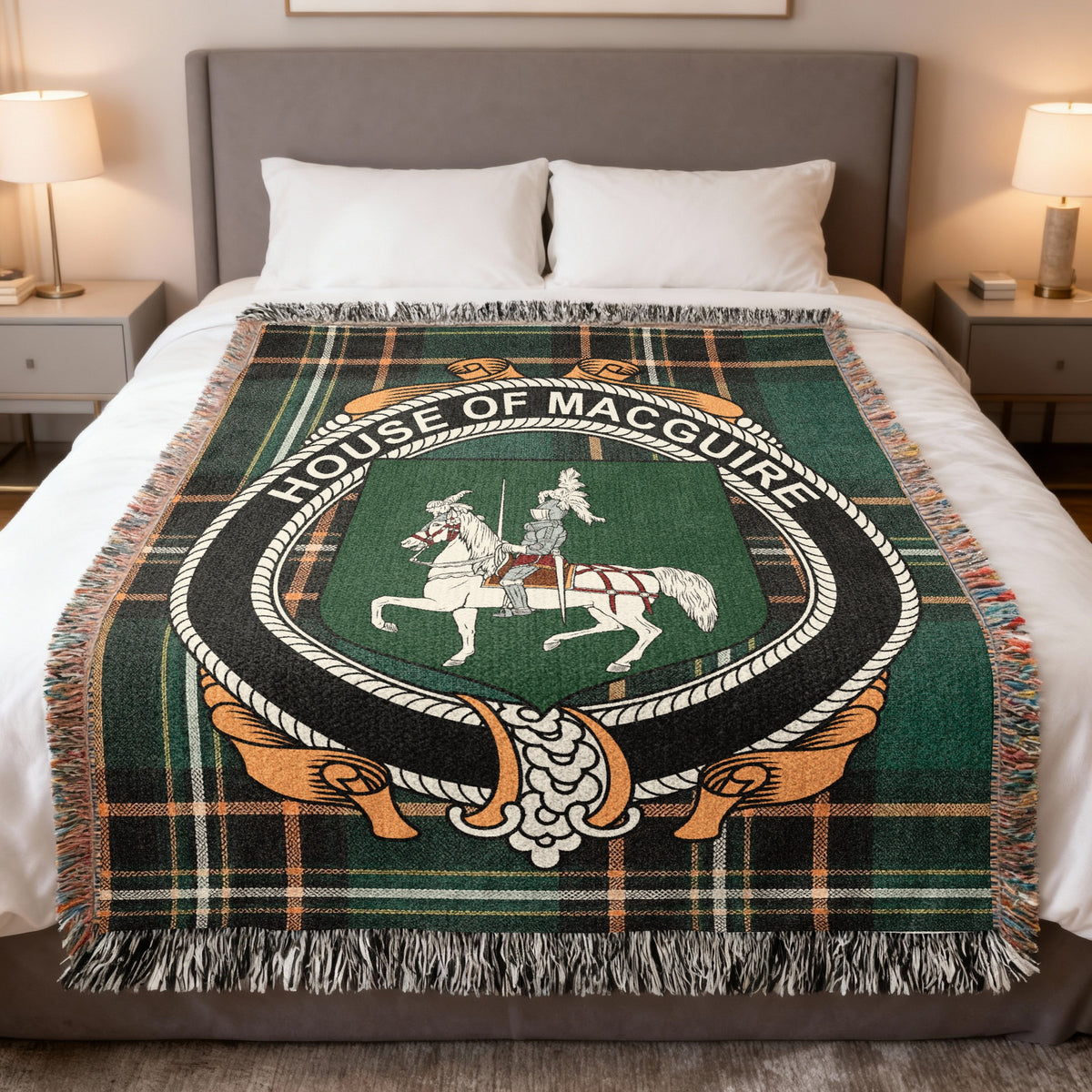 MacGuire Irish National Tartan woven blanket with family crest emblem