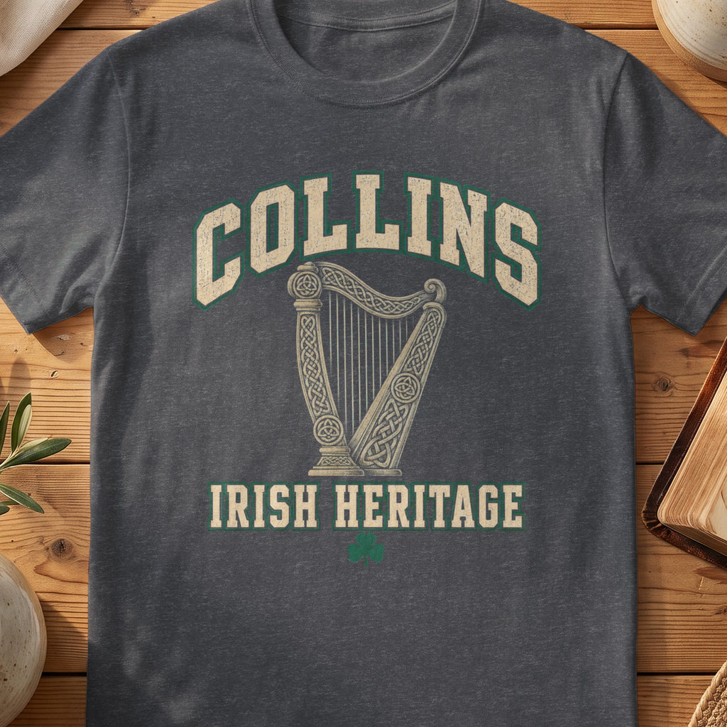 Collins Irish Heritage dark heather gray Gildan 64000 T-shirt with Celtic harp design