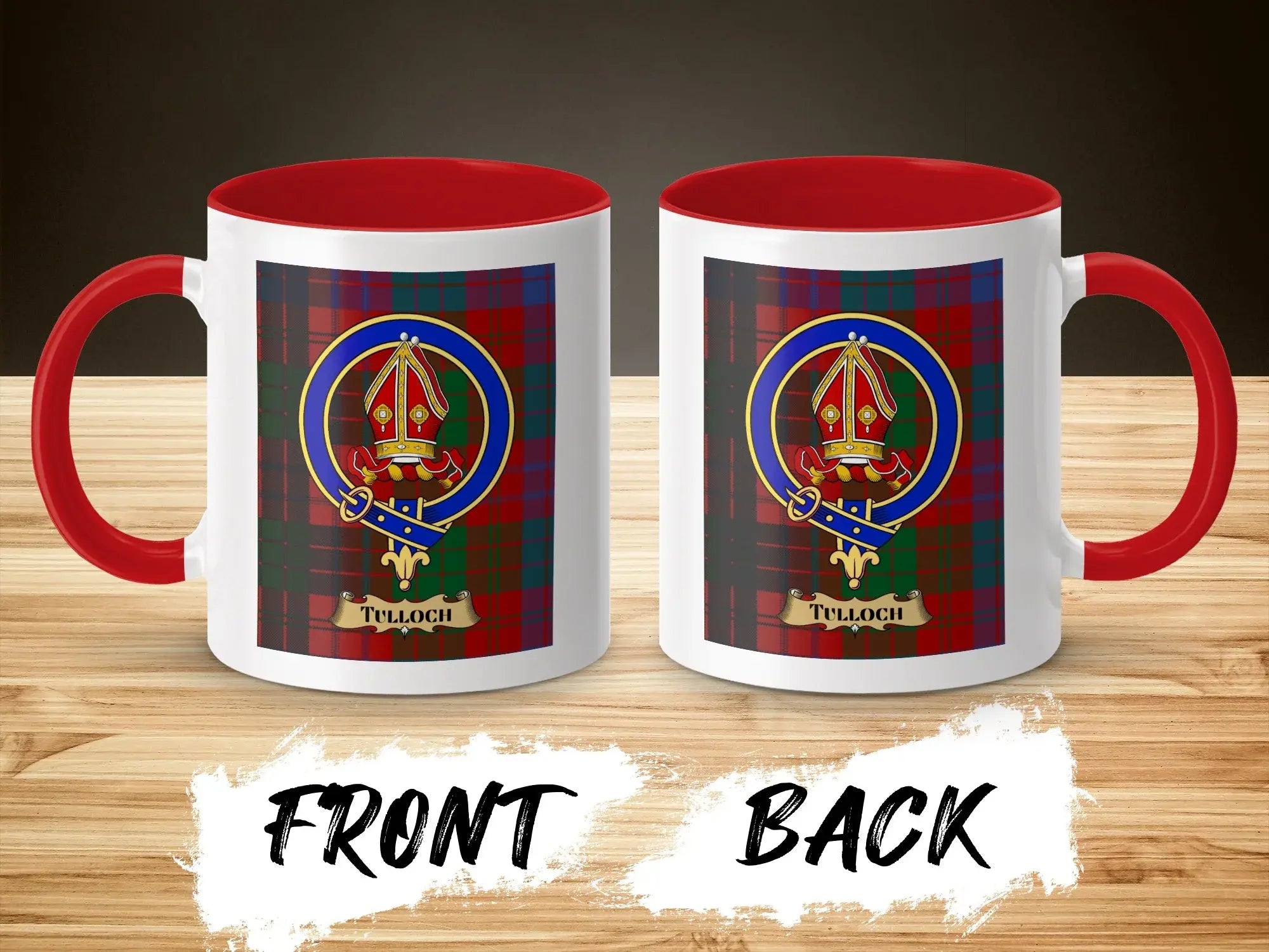 Tulloch tartan-background crest mug shown as a Scottish heritage gift