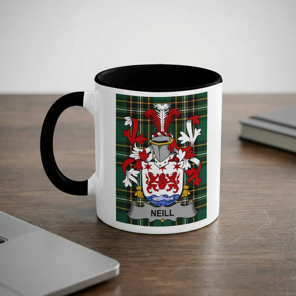 Neill black accent mug with family crest on tartan background