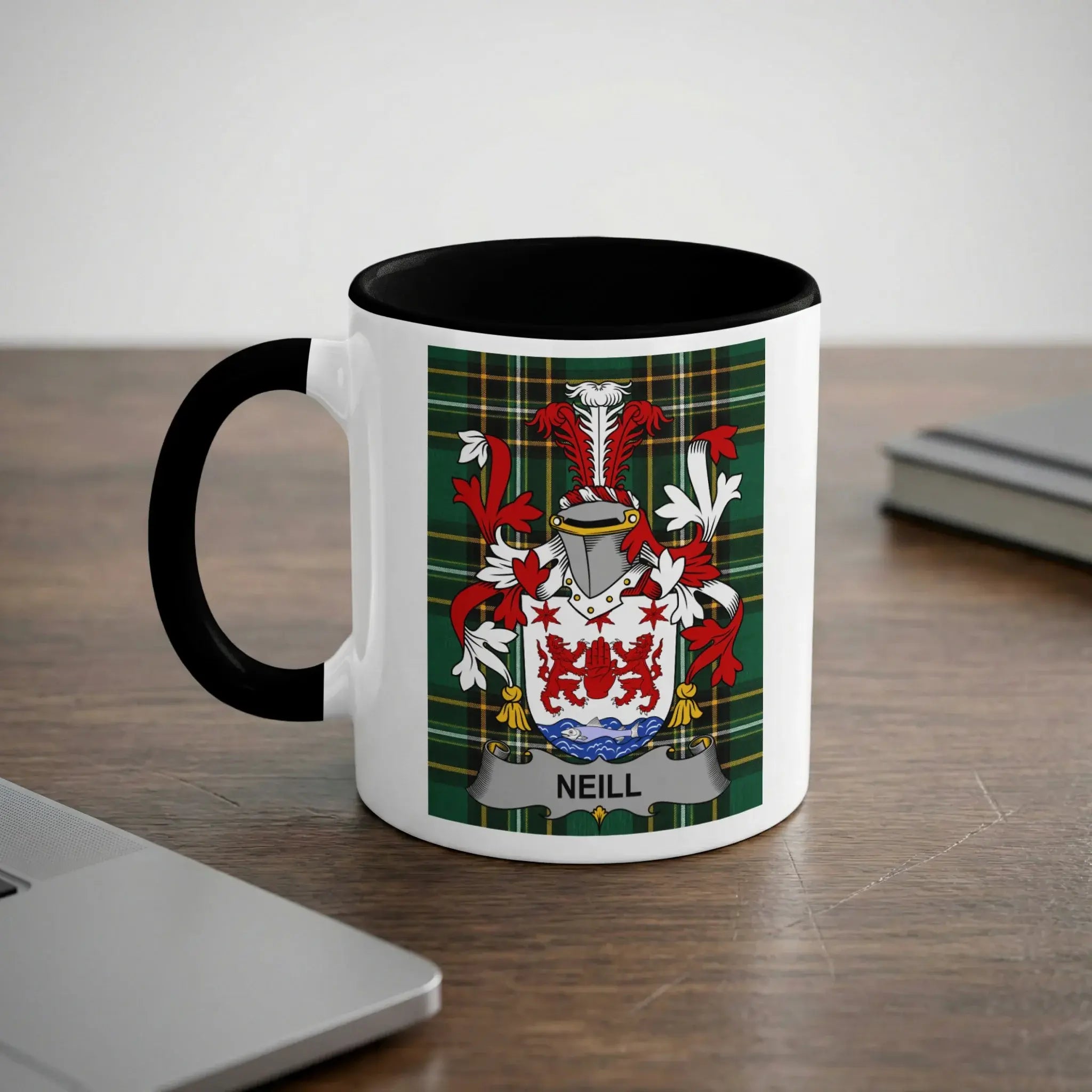 Neill black accent mug with family crest on tartan background