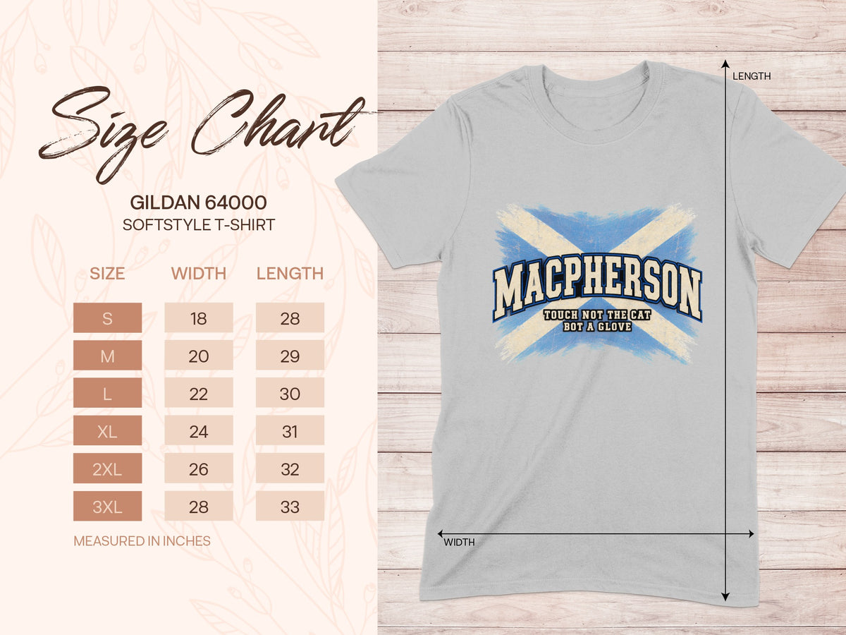 Gildan Softstyle 64000 size chart for the MacPherson Saltire T-shirt, showing shirt width and length in inches.