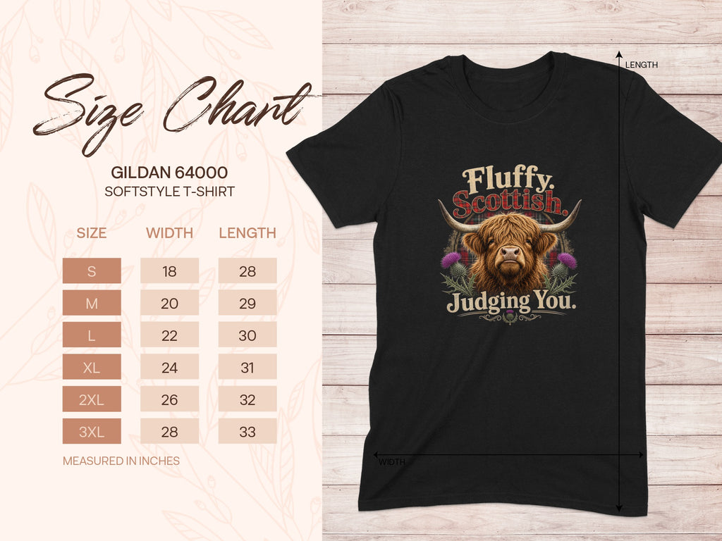 Black Gildan 64000 t-shirt with Highland cow graphic and size chart.
