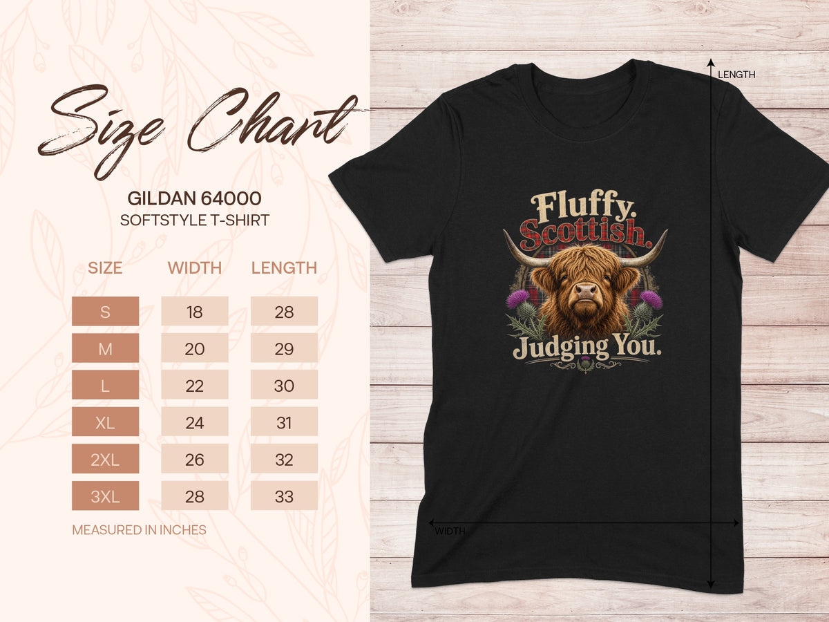 Black Gildan 64000 t-shirt with Highland cow graphic and size chart.