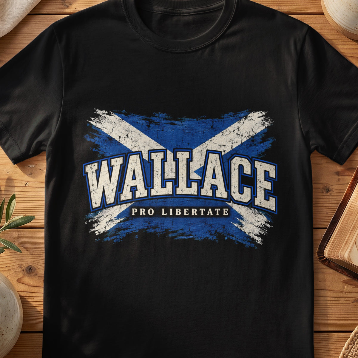 Wallace Scottish Saltire T-shirt in Black, with distressed blue and cream flag and “Pro Libertate” lettering.