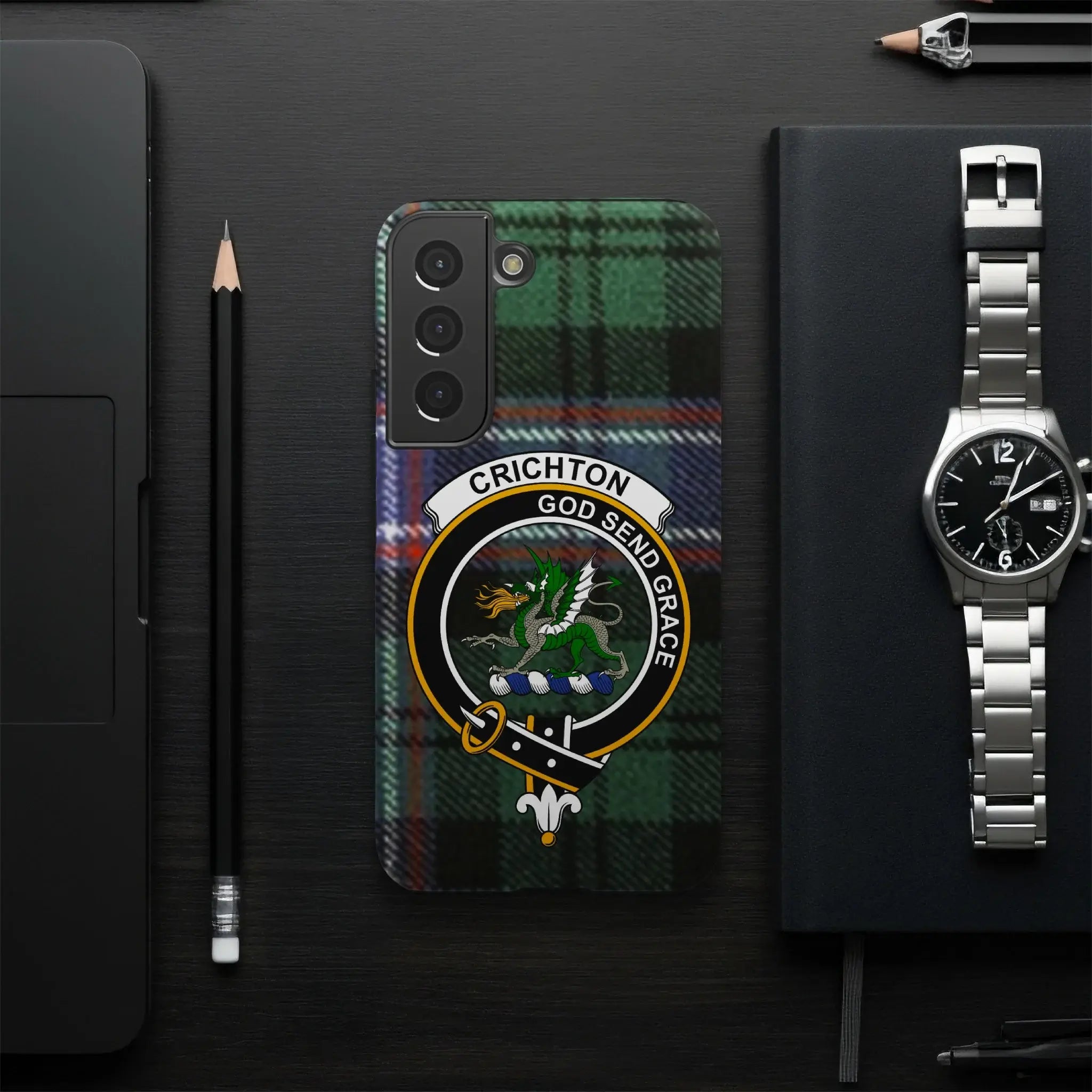 Crichton Scottish clan crest phone case — full edge-to-edge tartan wrap, Samsung model