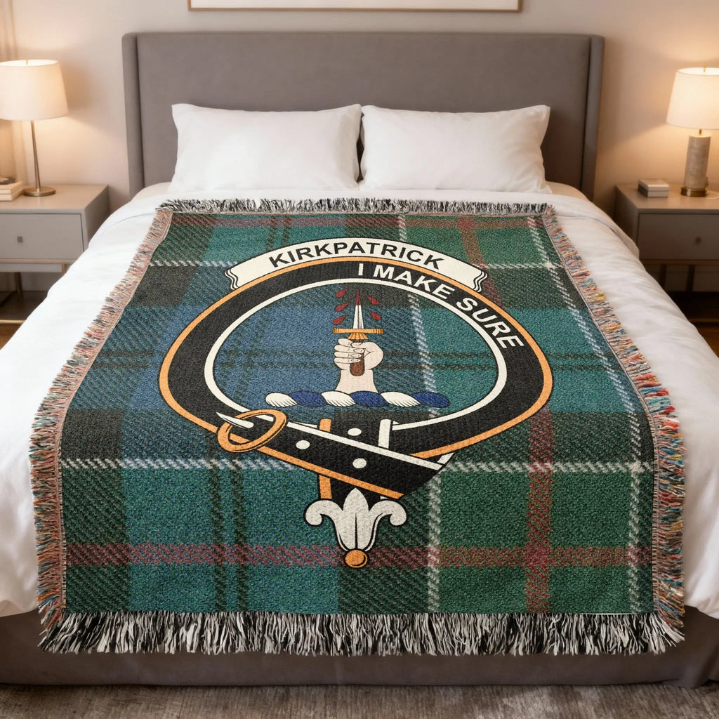 Clan Kirkpatrick woven tartan blanket — cotton weave with fringe edging and I Make Sure crest, 52x37 inch