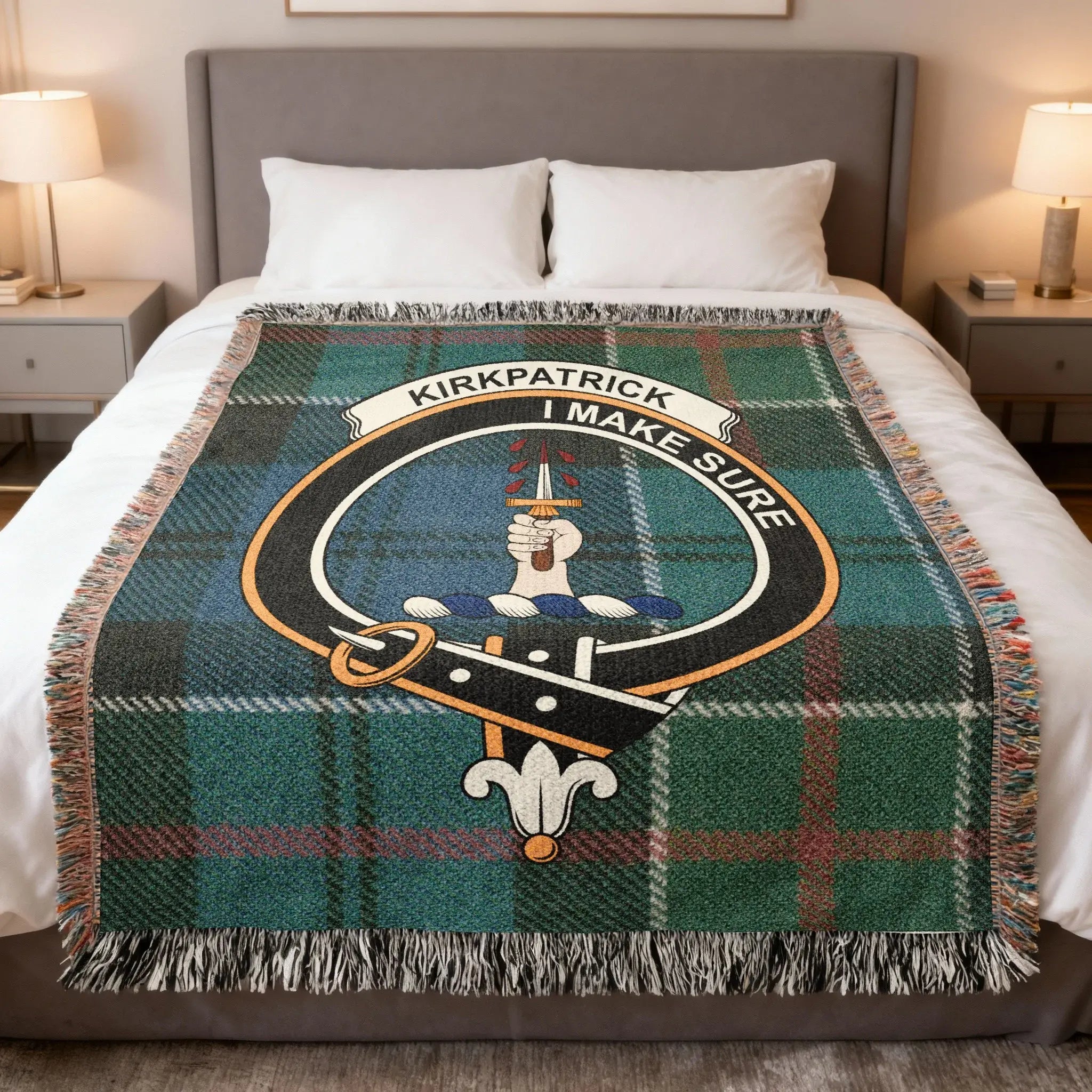 Clan Kirkpatrick woven tartan blanket — cotton weave with fringe edging and I Make Sure crest, 52x37 inch