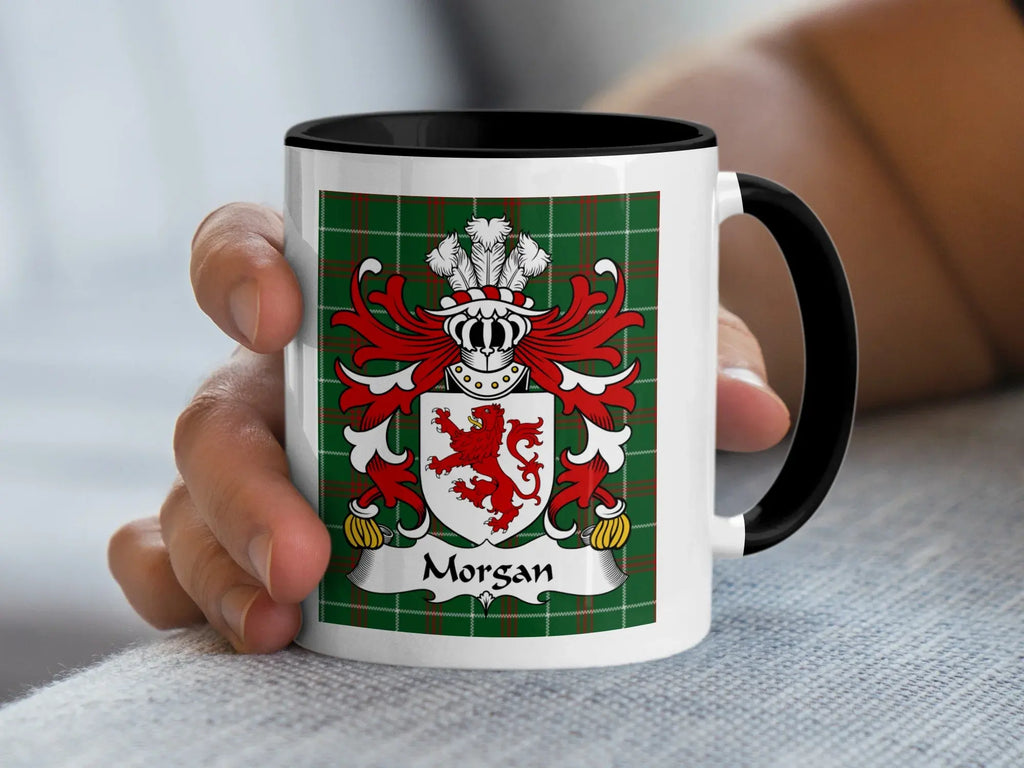 Morgan Welsh coat of arms accent mug with black handle and red lion crest on Welsh National Tartan