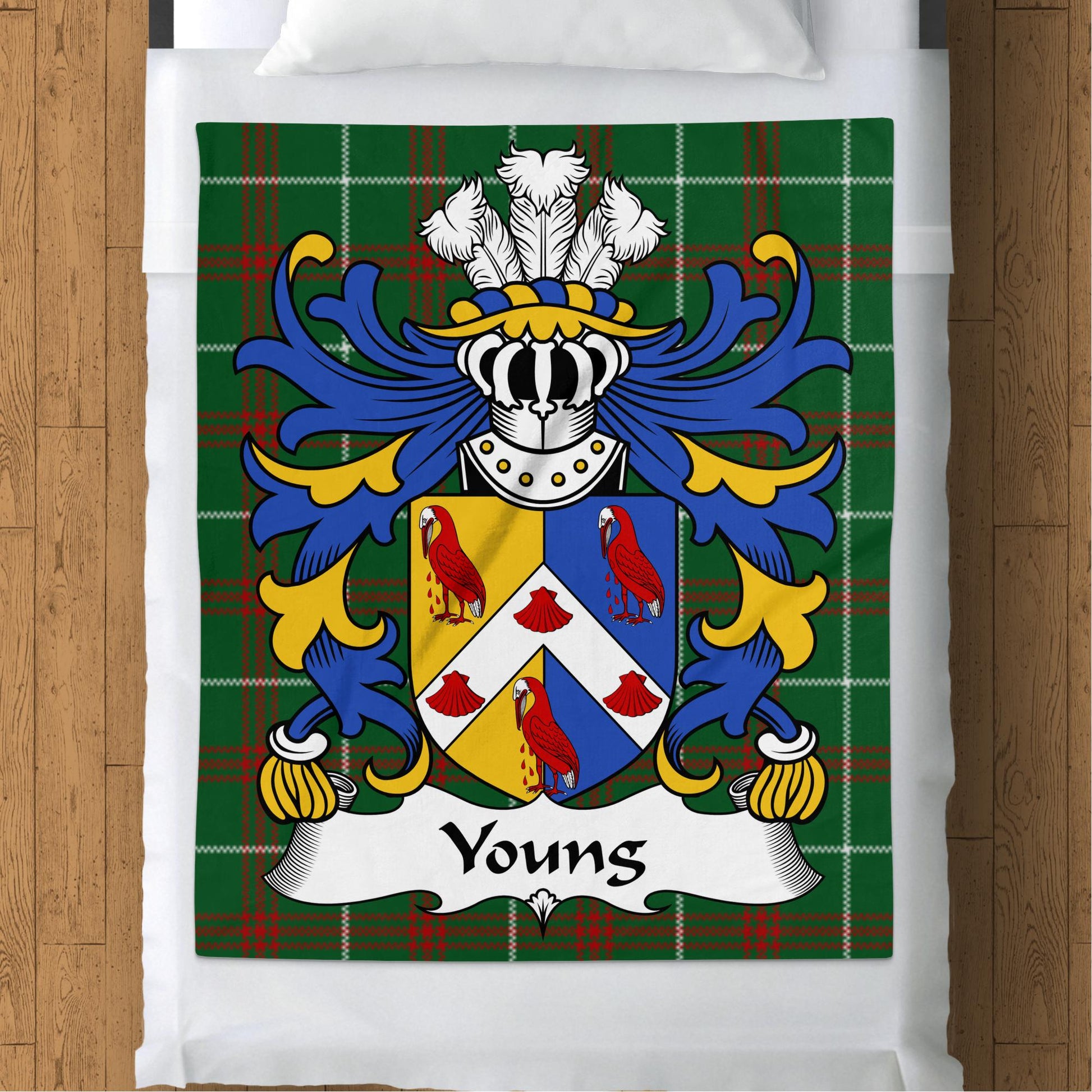 Young Welsh Surname Coat of Arms on Tartan Background Blanket - Living Stone Gifts