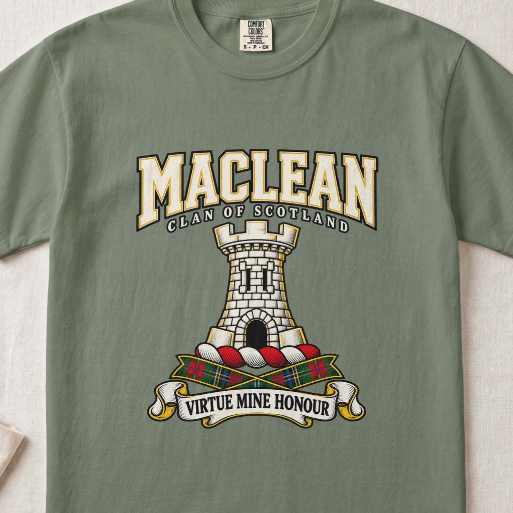 MacLean graphic T-shirt in Moss green, front flat lay showing varsity lettering and white stone tower with black arched entrance.