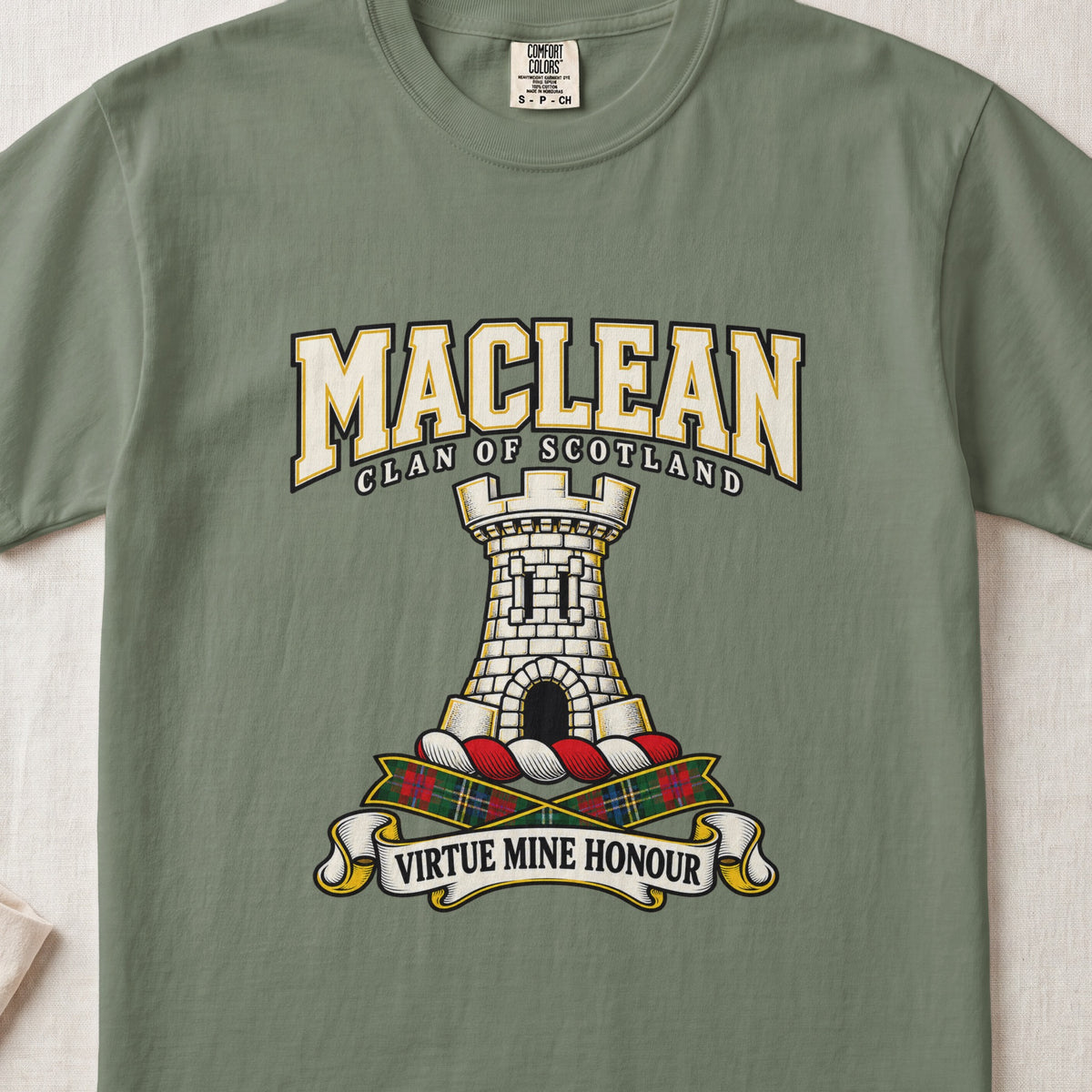 MacLean graphic T-shirt in Moss green, front flat lay showing varsity lettering and white stone tower with black arched entrance.
