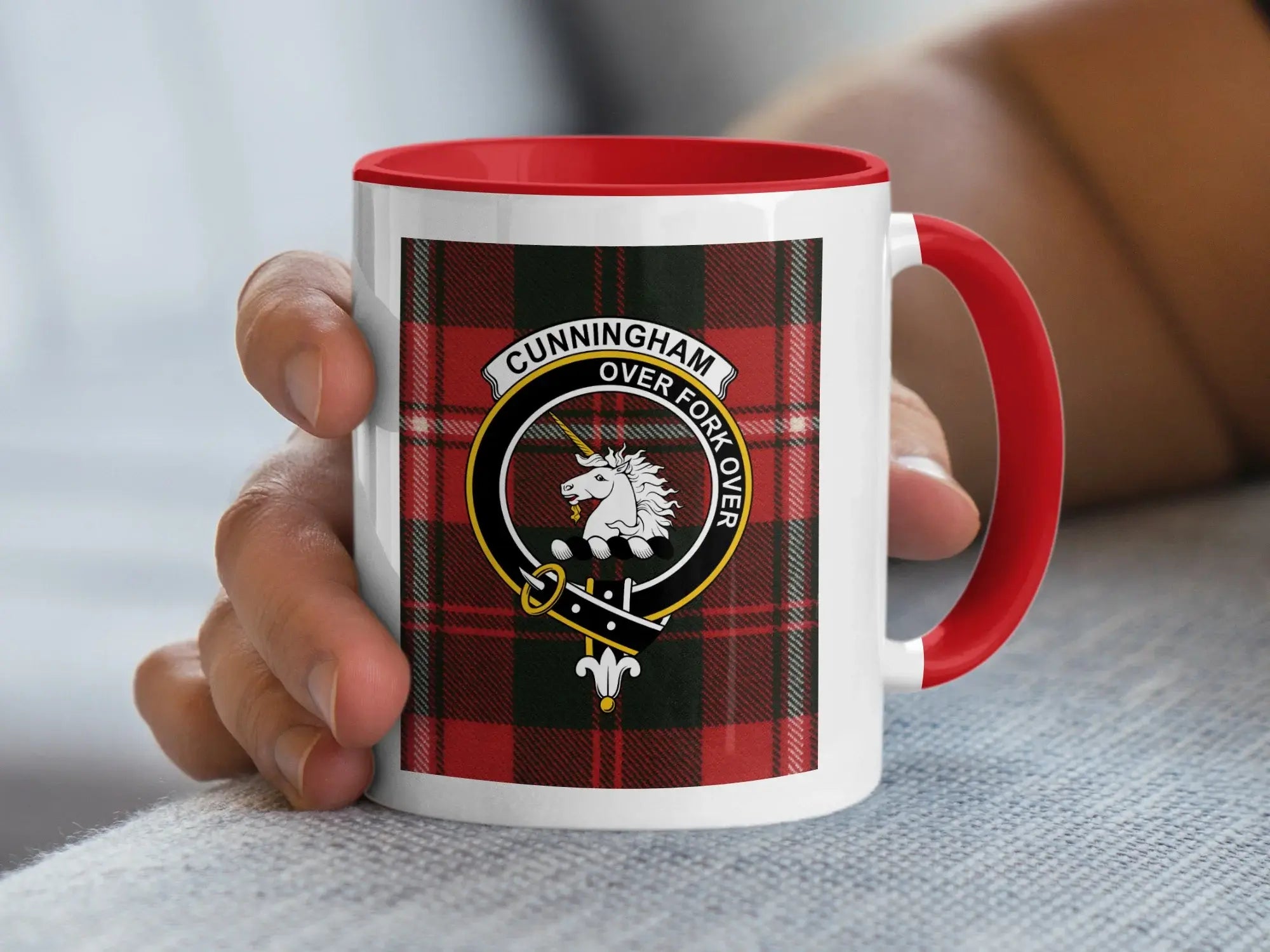 Cunningham Over Fork Over crest tartan mug — glossy ceramic with clan design, black handle