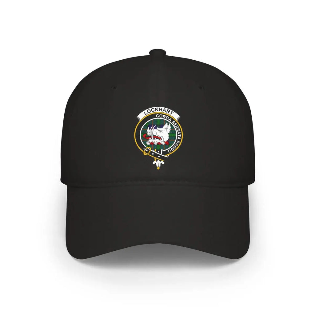 Clan Lockhart tartan crest cap — black, printed boar's head clan crest with Corda Serrata Pando motto