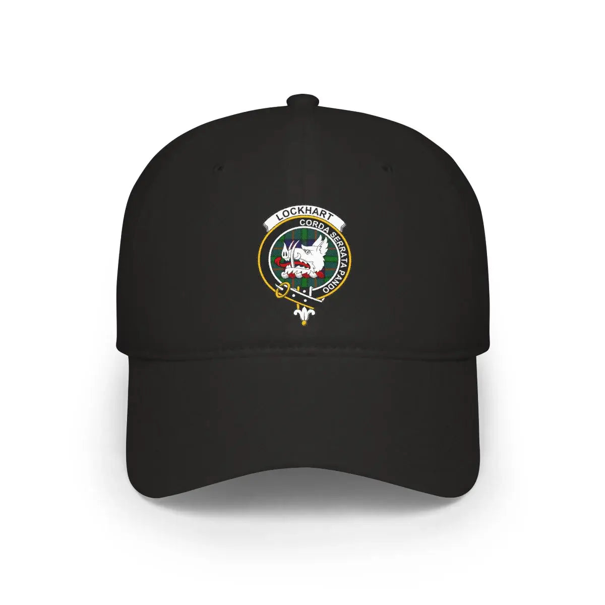 Clan Lockhart tartan crest cap — black, printed boar's head clan crest with Corda Serrata Pando motto