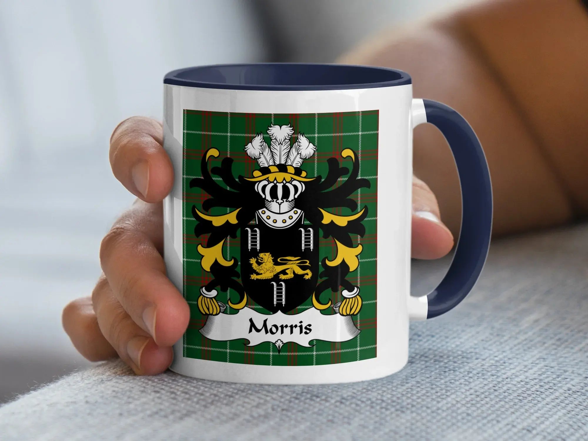 Morris Welsh family crest mug with navy handle and tartan pattern