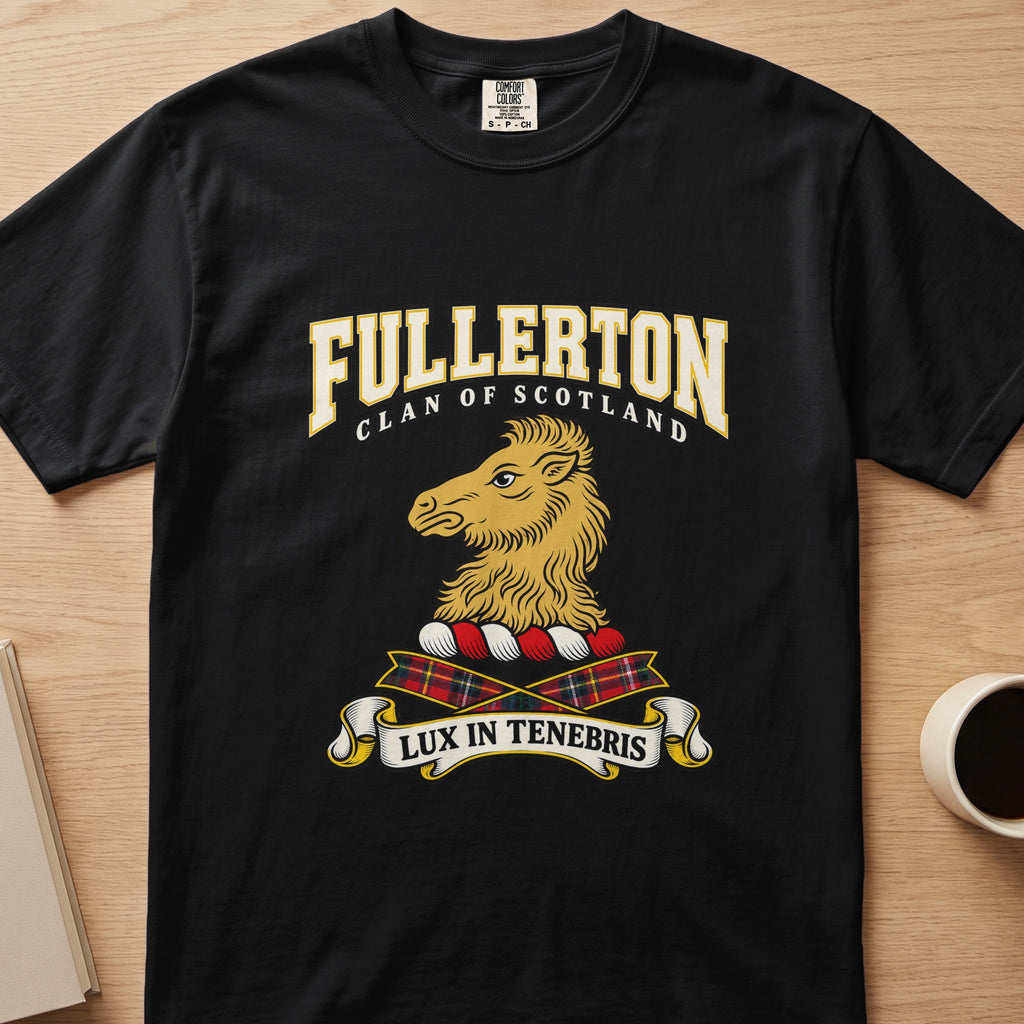 Fullerton clan T-shirt in black, front view with gold animal head in profile
