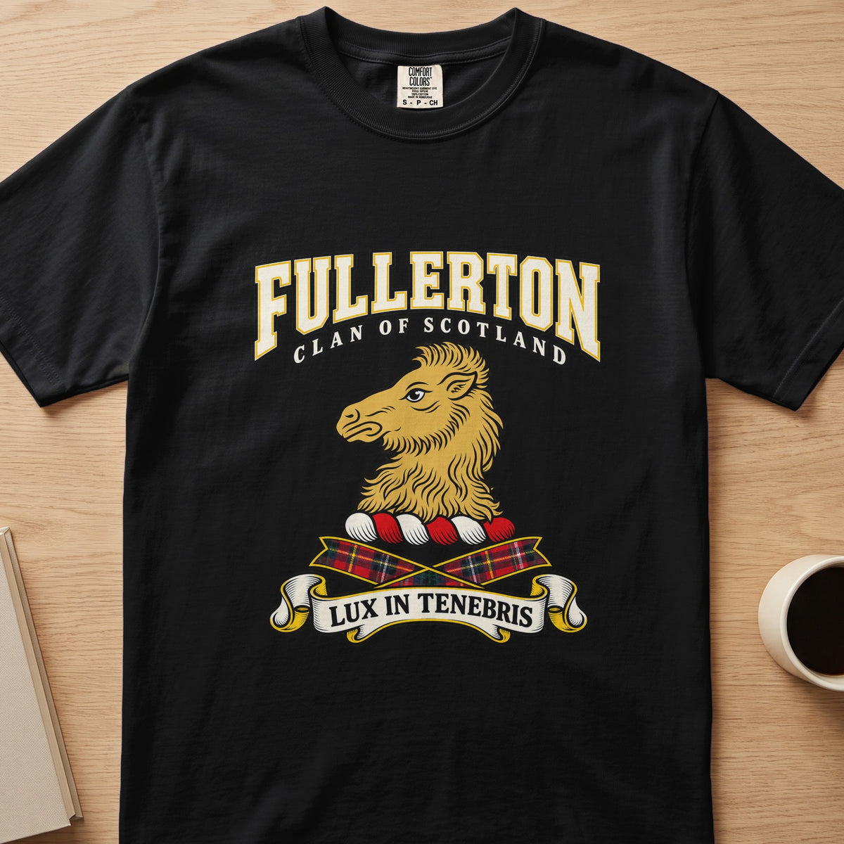 Fullerton clan T-shirt in black, front view with gold animal head in profile