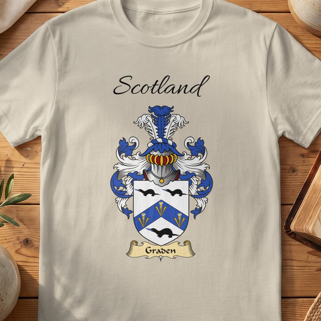 Sand Graden Scottish family shield T-shirt featuring a blue chevron between black birds