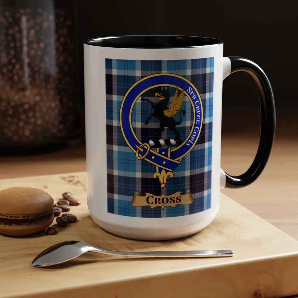 Close-up of the Cross clan crest printed on a ceramic mug