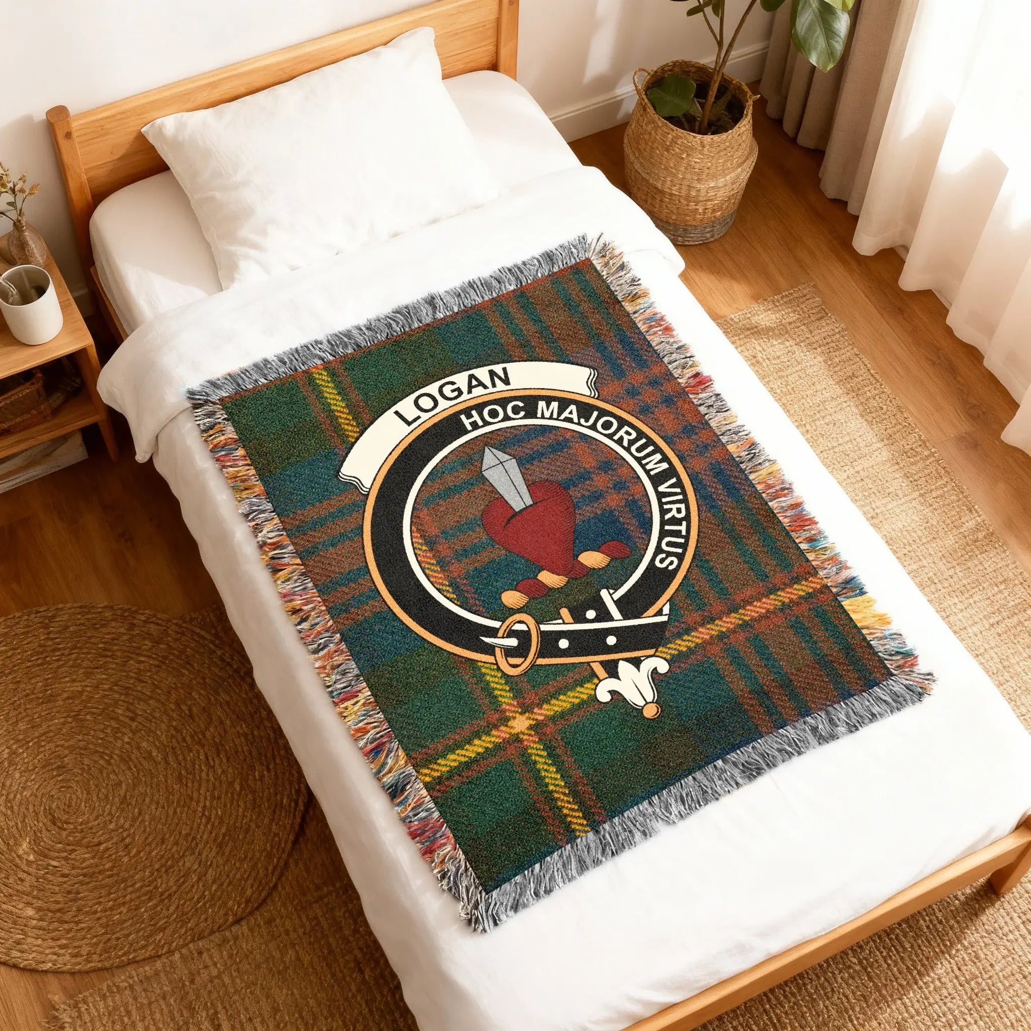 Logan Hoc Majorum Virtus tartan woven blanket — clan crest design in cotton weave