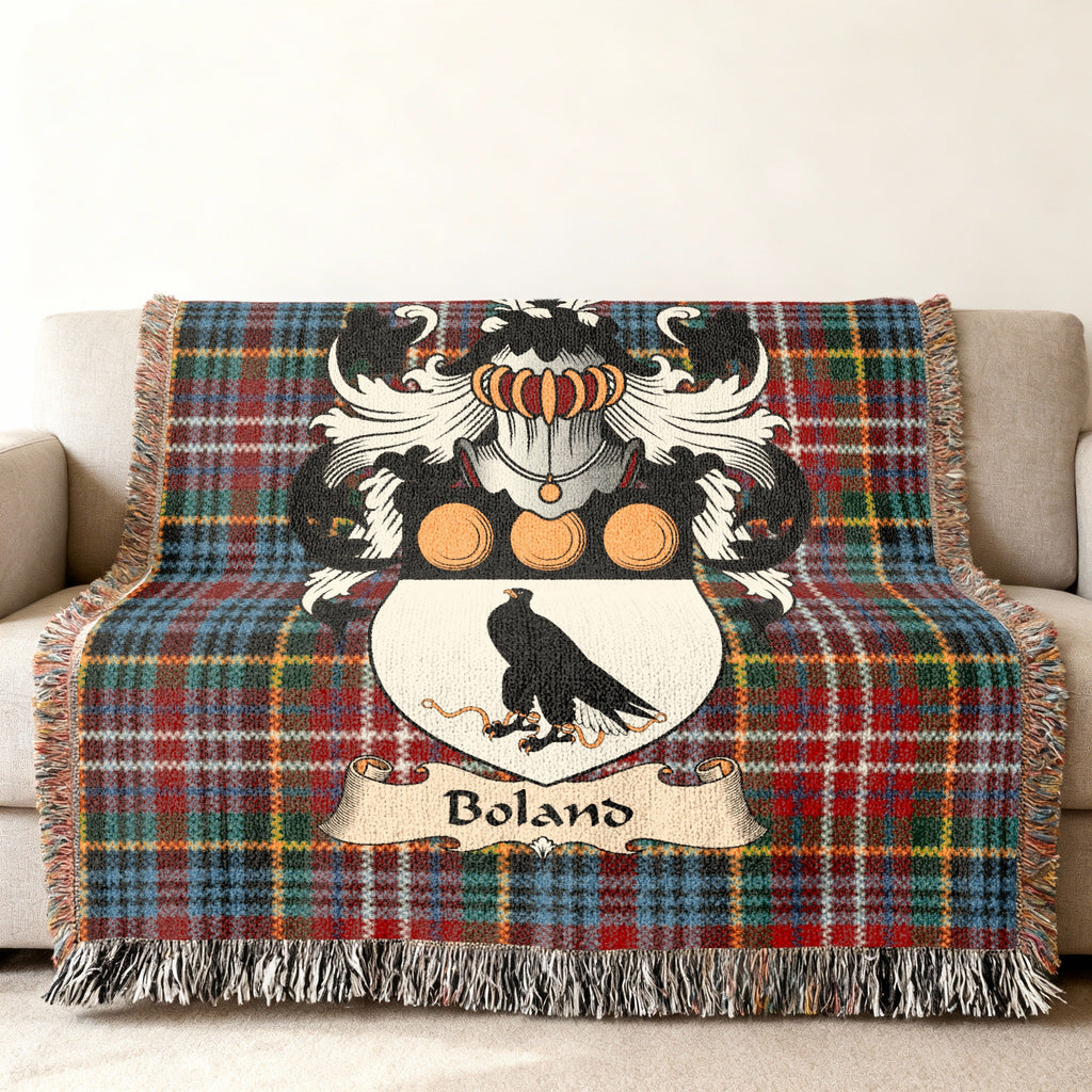 Boland Scottish family shield woven blanket on a Caledonia tartan background