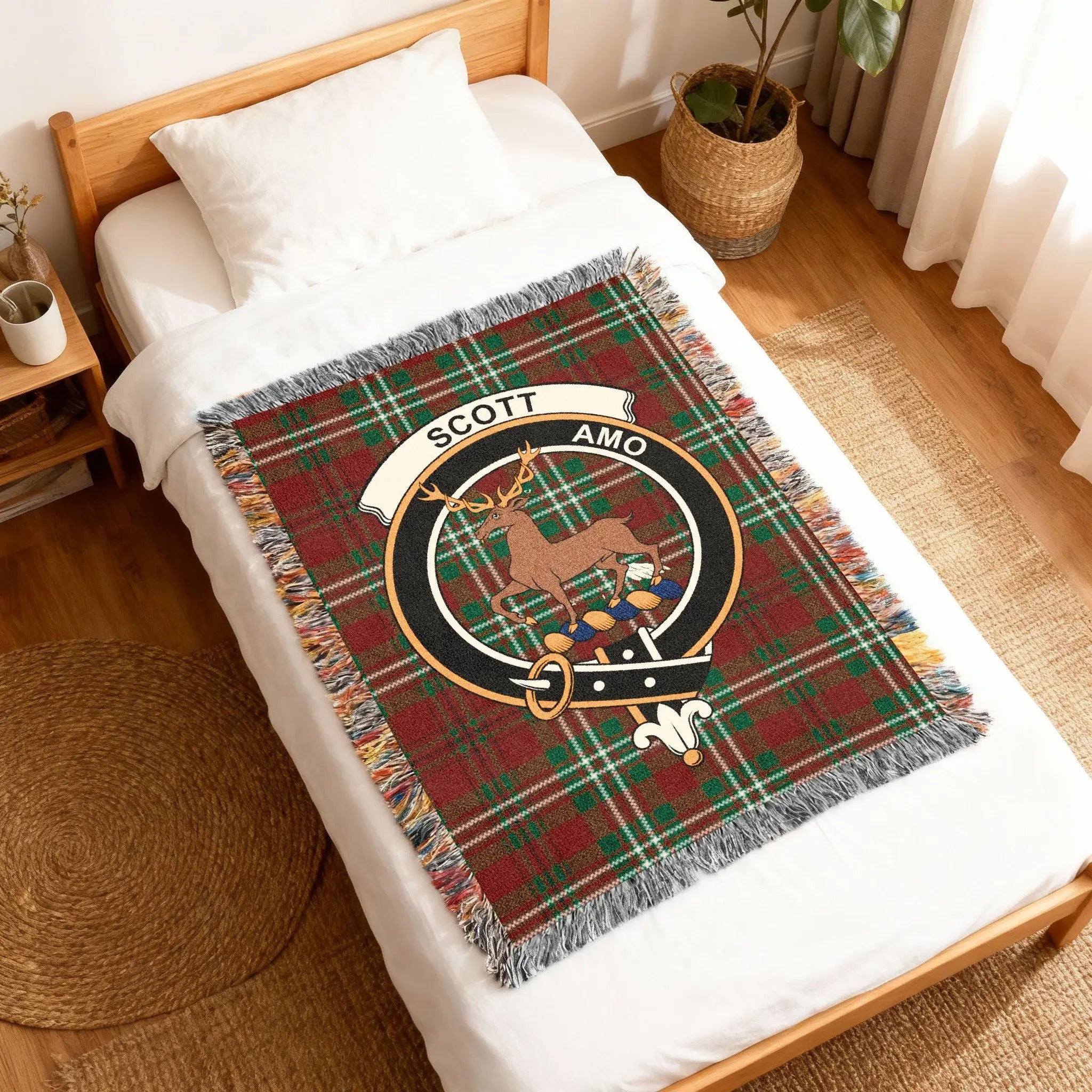 Scott amo deer crest woven blanket — fringe edge and tartan pattern
