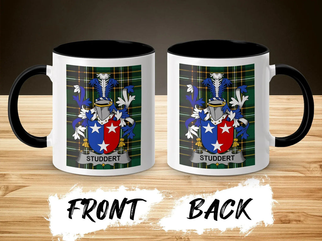 Studdert ceramic accent mug with black handle and surname crest on tartan