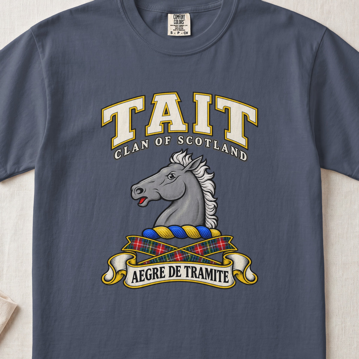 Tait Scottish clan T-shirt in Midnight, front view with a gray horse head and motto design.