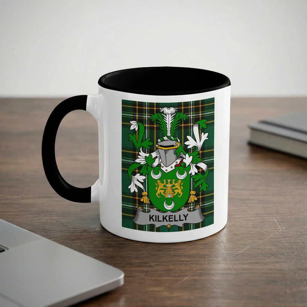 Kilkelly Irish heritage mug with black handle and family crest