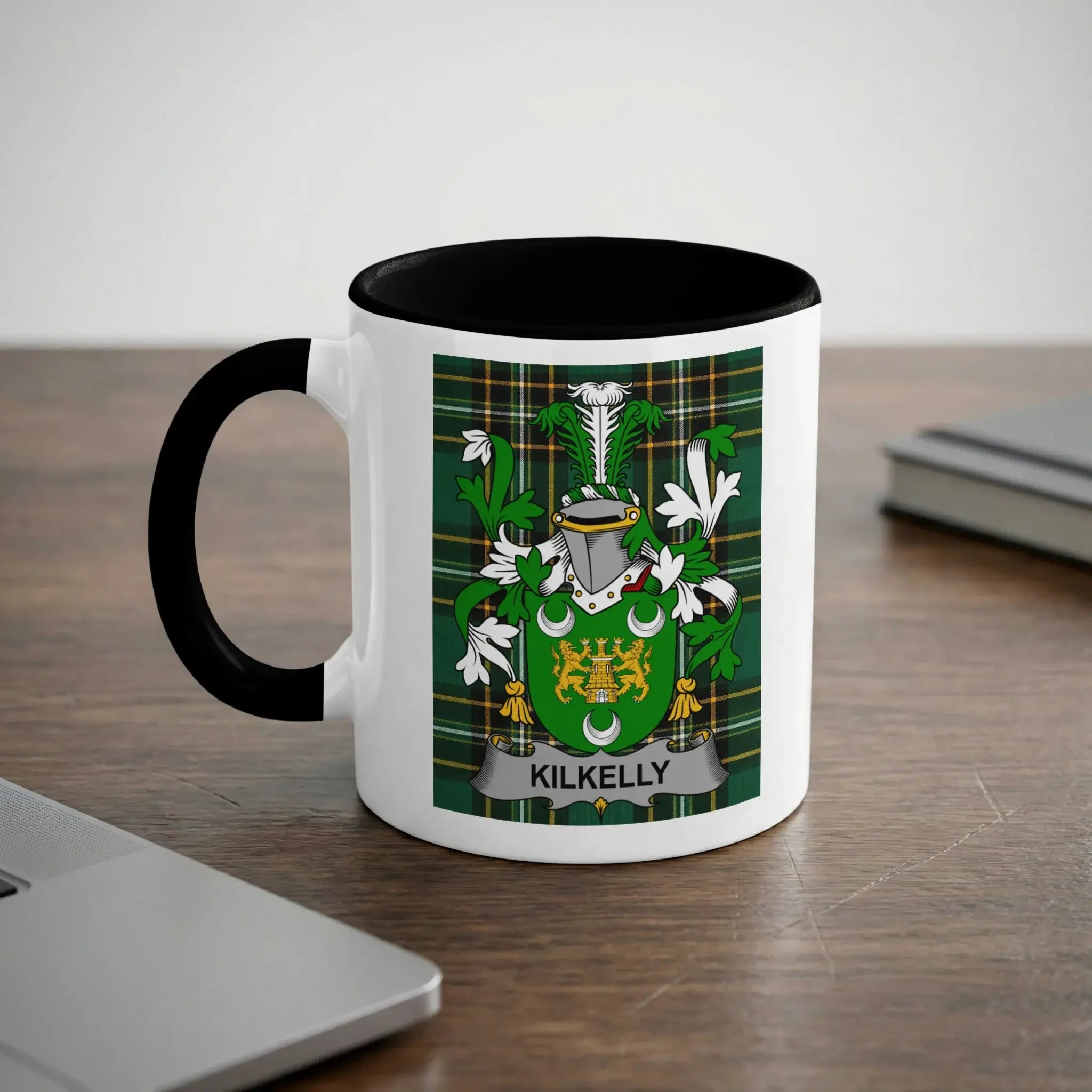 Kilkelly Irish heritage mug with black handle and family crest