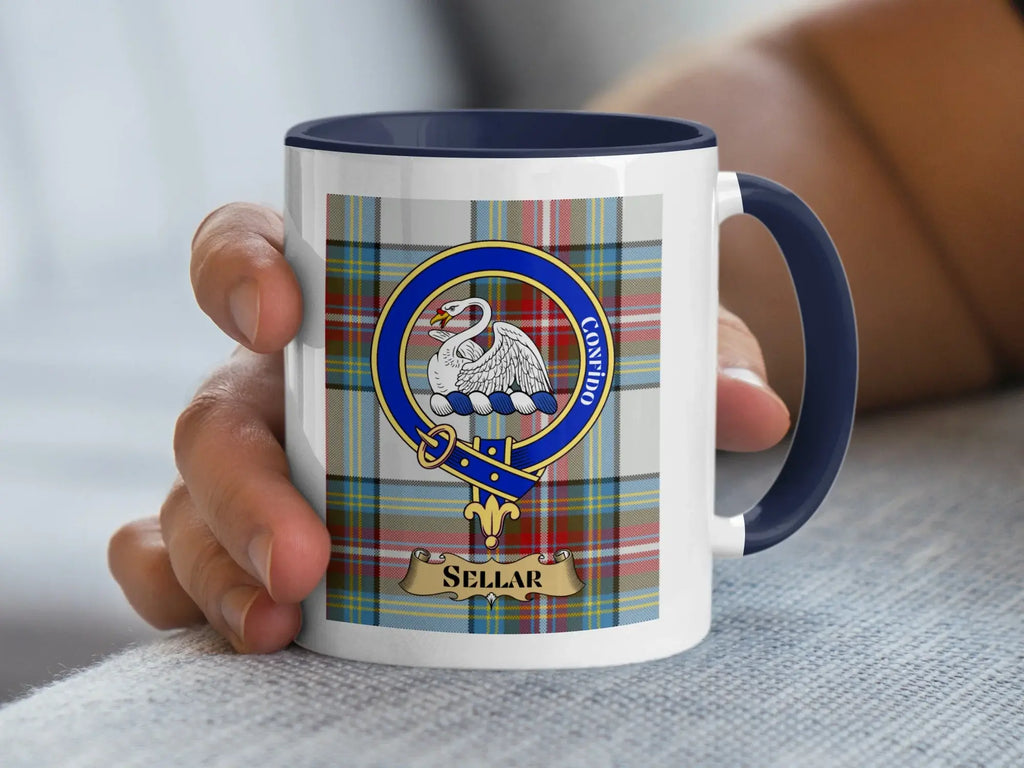 Sellar family crest coffee mug with a tartan-background design