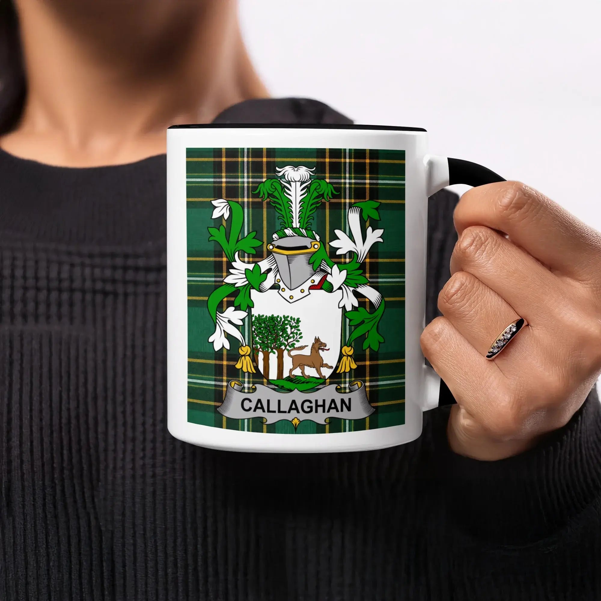 Mug with green tartan and Callahan family crest.