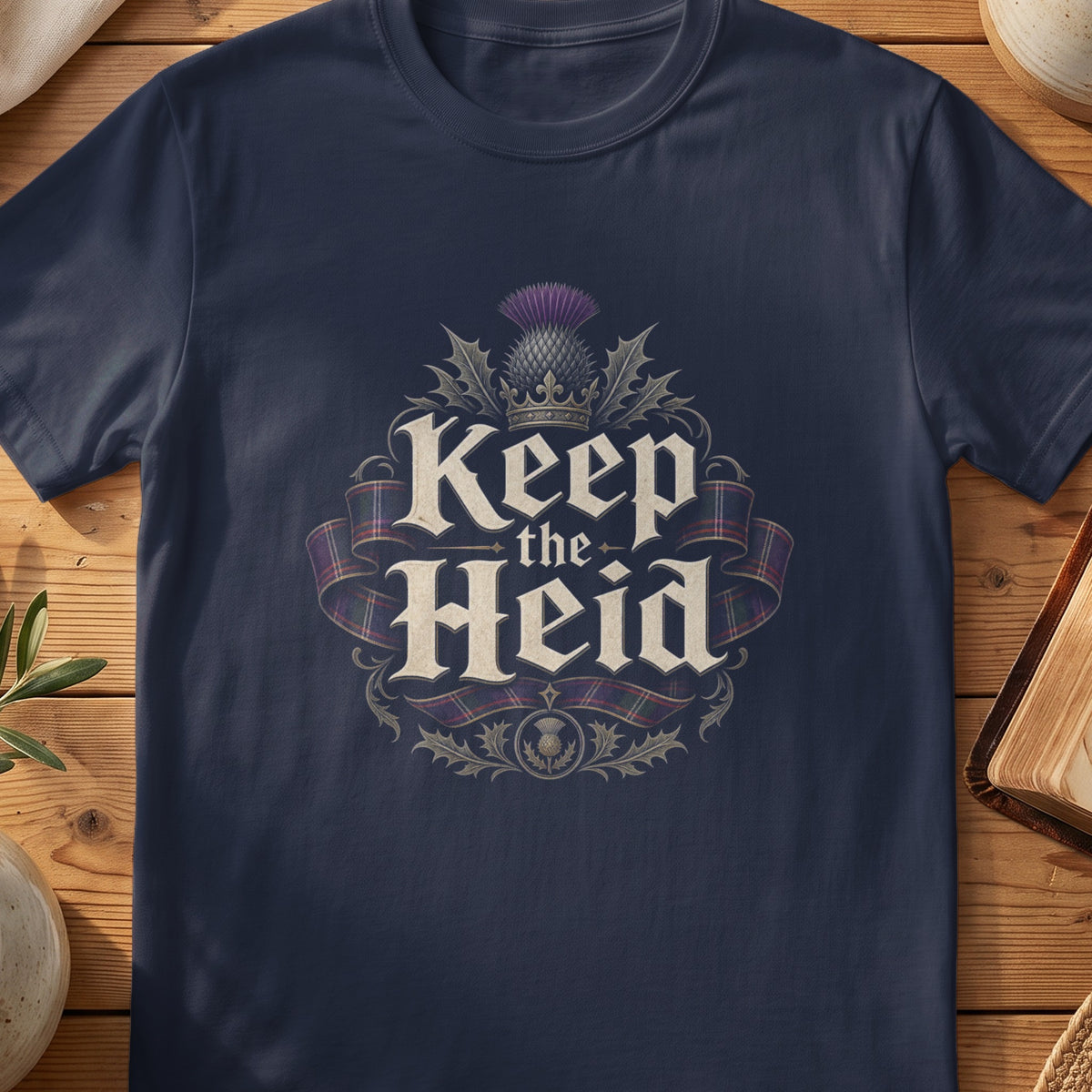 Navy Gildan 64000 unisex T-shirt flatlay with Keep the Heid Scottish graphic design