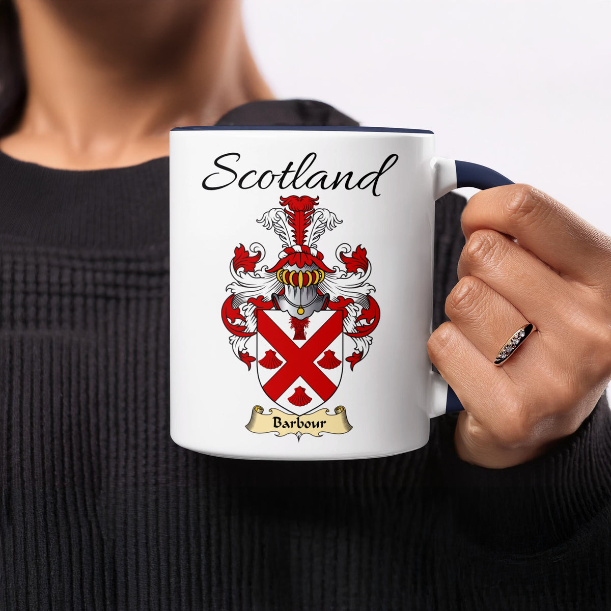 Red-accent Barbour Scottish family crest mugs with Scotland above the heraldic shield